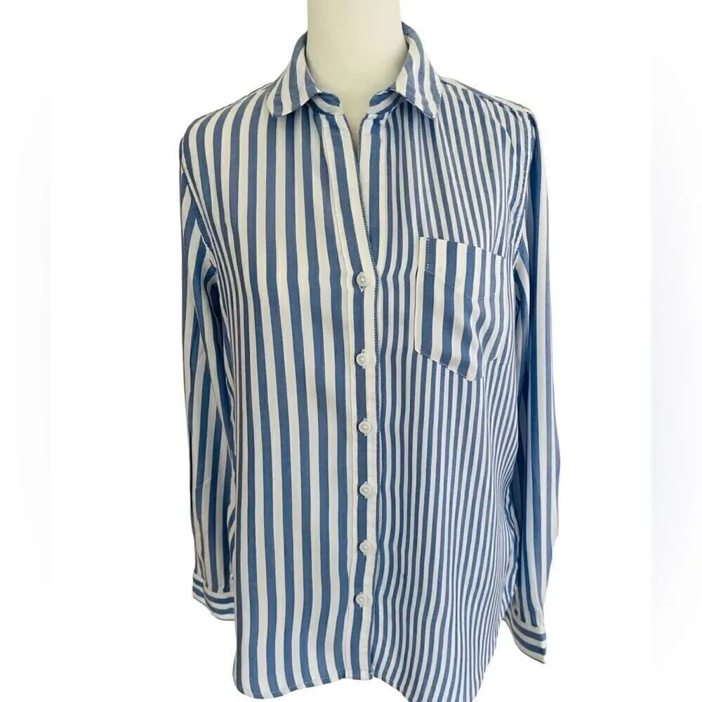 Beachlunchlounge Arielle Stripe Button Front Top, blue/white, size XS